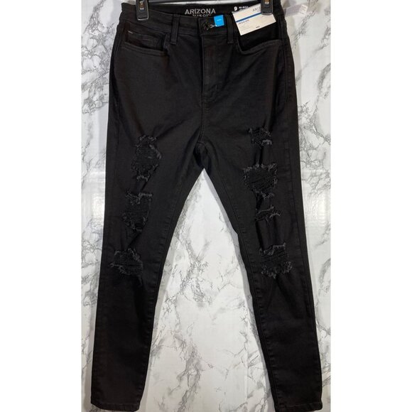 Arizona Jean Co. Black Distressed Hi-Rise Jegging Size 9 Short Cotton Polyester - Picture 1 of 13